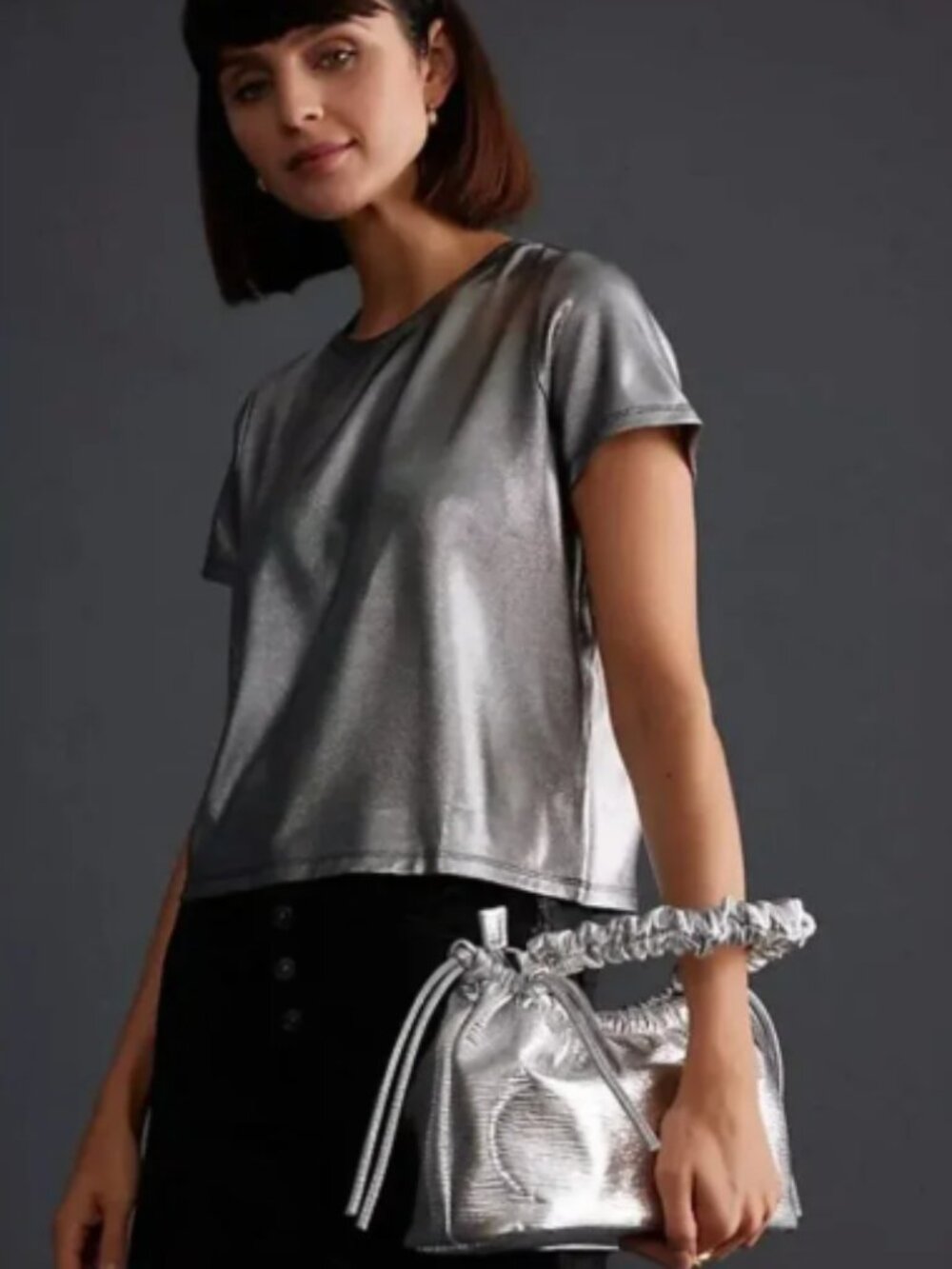 NWT Anthropologie Porridge Shine Glam Tee Silver Size XL